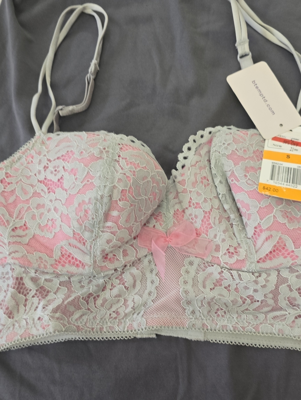 B Temp'd Pink & Light Gray Lace Longline Bra with Bow